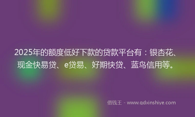 2025年的额度低好下款的贷款平台有：银杏花、现金快易贷、e贷易、好期快贷、蓝鸟信用等。