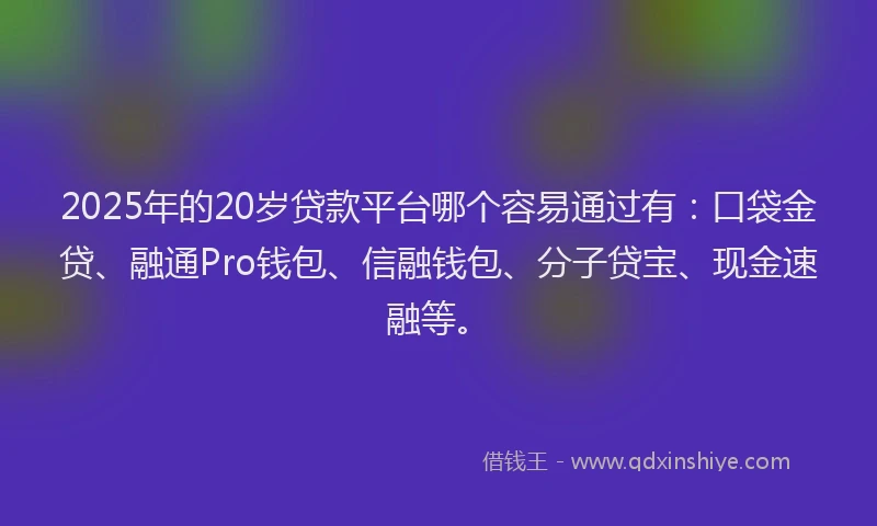2025年的20岁贷款平台哪个容易通过有：口袋金贷、融通Pro钱包、信融钱包、分子贷宝、现金速融等。