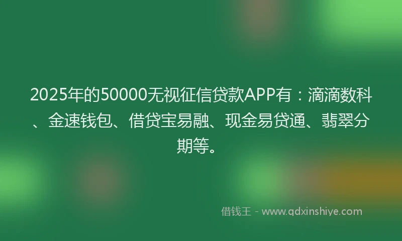2025年的50000无视征信贷款APP有：滴滴数科、金速钱包、借贷宝易融、现金易贷通、翡翠分期等。