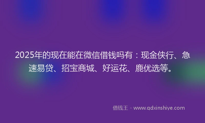 2025年的现在能在微信借钱吗有：现金侠行、急速易贷、招宝商城、好运花、鹿优选等。
