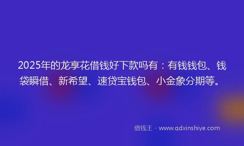 2025年的龙享花借钱好下款吗有：有钱钱包、钱袋瞬借、新希望、速贷宝钱包、小金象分期等。