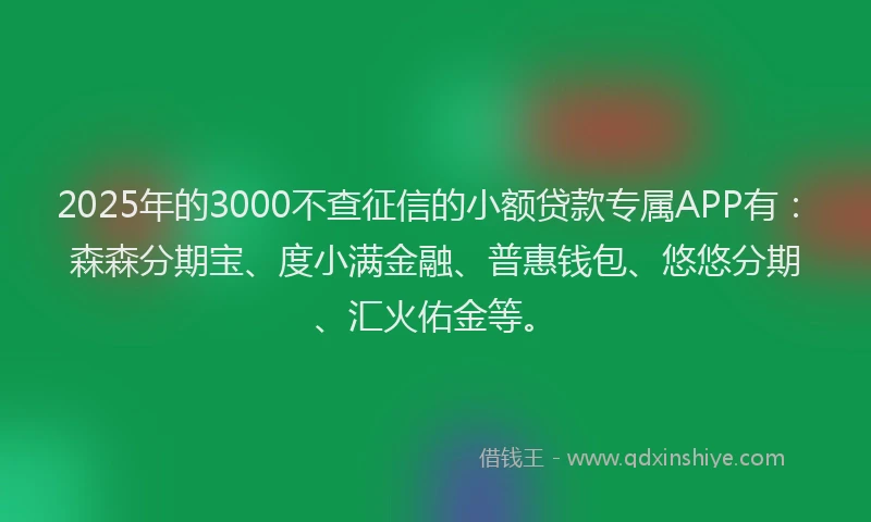 2025年的3000不查征信的小额贷款专属APP有：森森分期宝、度小满金融、普惠钱包、悠悠分期、汇火佑金等。