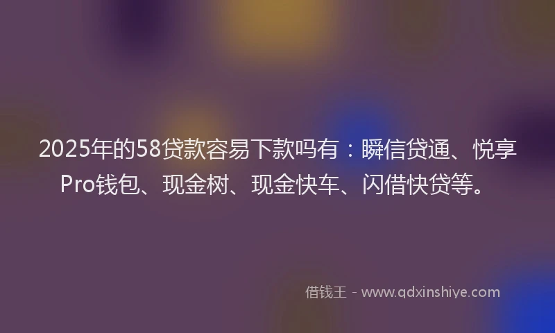 2025年的58贷款容易下款吗有：瞬信贷通、悦享Pro钱包、现金树、现金快车、闪借快贷等。