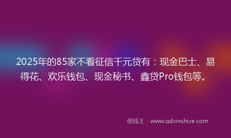 2025年的85家不看征信千元贷有：现金巴士、易得花、欢乐钱包、现金秘书、鑫贷Pro钱包等。