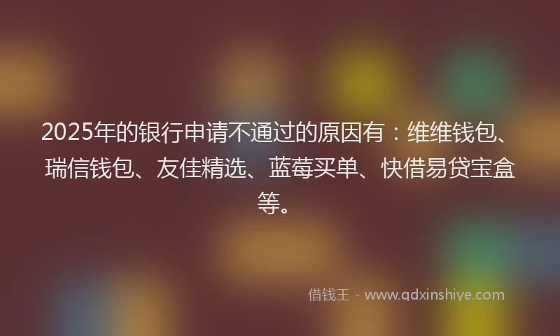 2025年的银行申请不通过的原因有：维维钱包、瑞信钱包、友佳精选、蓝莓买单、快借易贷宝盒等。