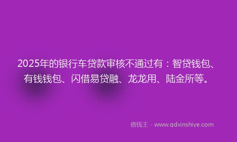 2025年的银行车贷款审核不通过有：智贷钱包、有钱钱包、闪借易贷融、龙龙用、陆金所等。