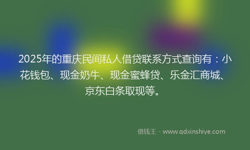 2025年的重庆民间私人借贷联系方式查询有：小花钱包、现金奶牛、现金蜜蜂贷、乐金汇商城、京东白条取现等。