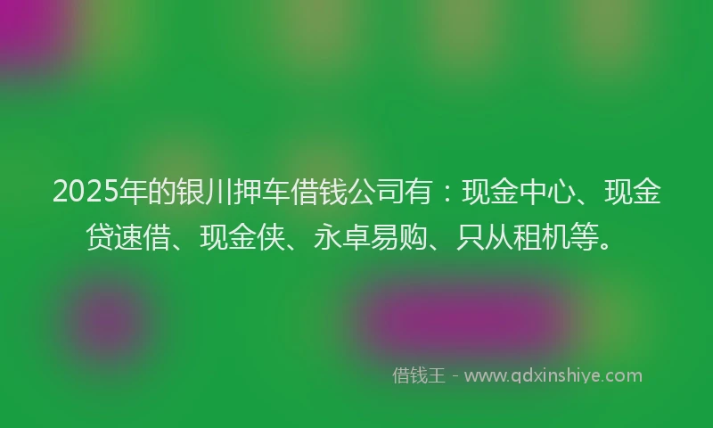 2025年的银川押车借钱公司有：现金中心、现金贷速借、现金侠、永卓易购、只从租机等。