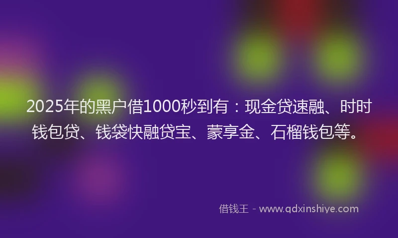 2025年的黑户借1000秒到有:现金贷速融、时时钱包贷、钱袋快融贷宝、蒙享金、石榴钱包等。
