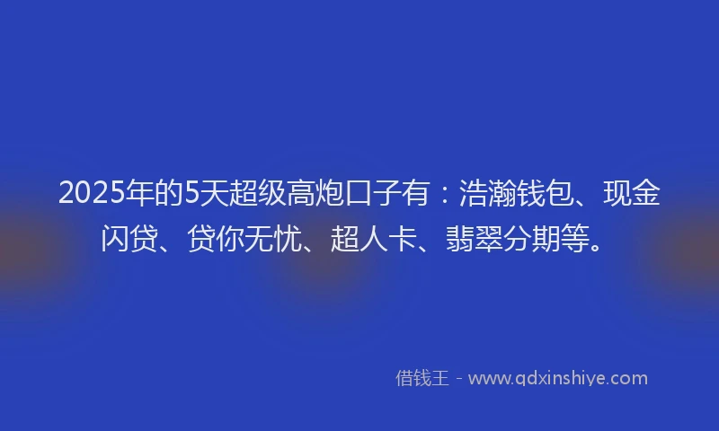 2025年的5天超级高炮口子有：浩瀚钱包、现金闪贷、贷你无忧、超人卡、翡翠分期等。