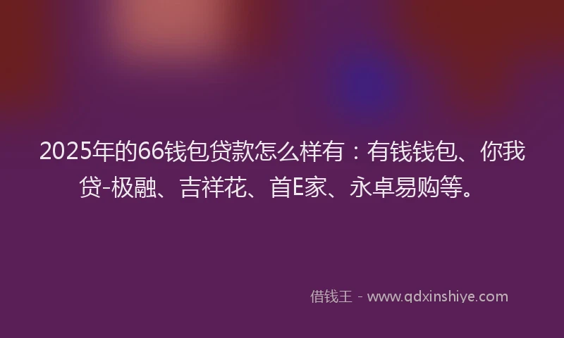 2025年的66钱包贷款怎么样有:有钱钱包、你我贷-极融、吉祥花、首E家、永卓易购等。