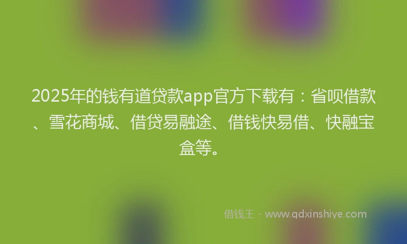 2025年的钱有道贷款app官方下载有：省呗借款、雪花商城、借贷易融途、借钱快易借、快融宝盒等。