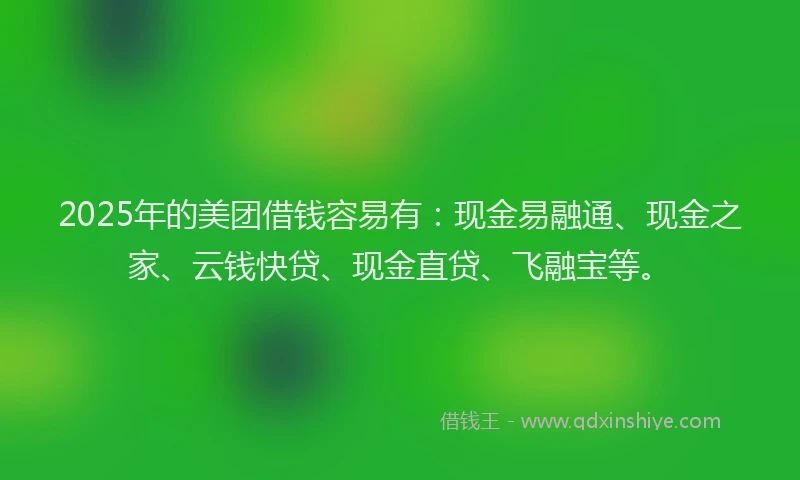 2025年的美团借钱容易有:现金易融通、现金之家、云钱快贷、现金直贷、飞融宝等。