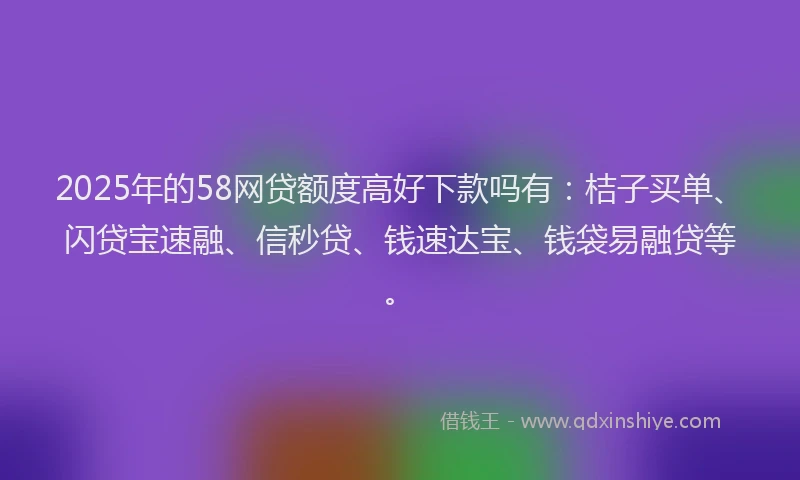 2025年的58网贷额度高好下款吗有:桔子买单、闪贷宝速融、信秒贷、钱速达宝、钱袋易融贷等。
