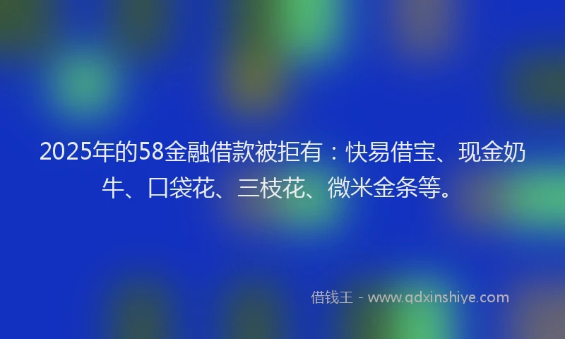 2025年的58金融借款被拒有：快易借宝、现金奶牛、口袋花、三枝花、微米金条等。