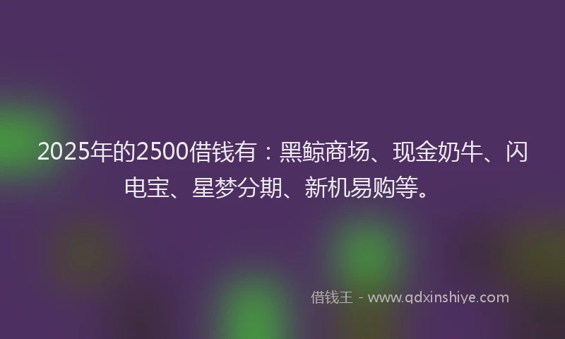 2025年的2500借钱有：黑鲸商场、现金奶牛、闪电宝、星梦分期、新机易购等。