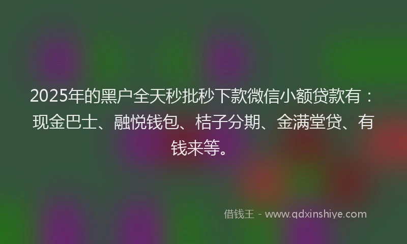 2025年的黑户全天秒批秒下款微信小额贷款有:现金巴士、融悦钱包、桔子分期、金满堂贷、有钱来等。