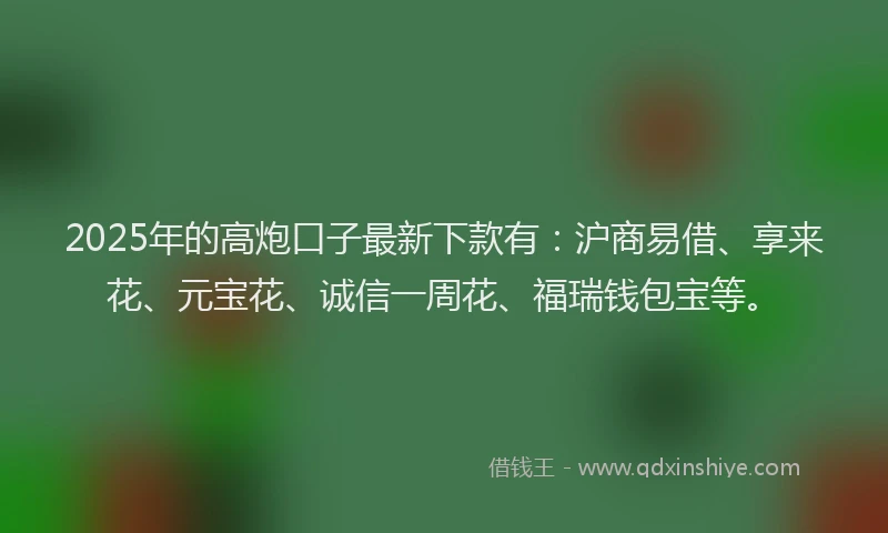 2025年的高炮口子最新下款有:沪商易借、享来花、元宝花、诚信一周花、福瑞钱包宝等。