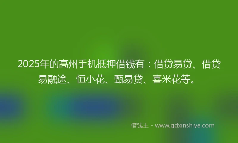 2025年的高州手机抵押借钱有:借贷易贷、借贷易融途、恒小花、甄易贷、喜米花等。