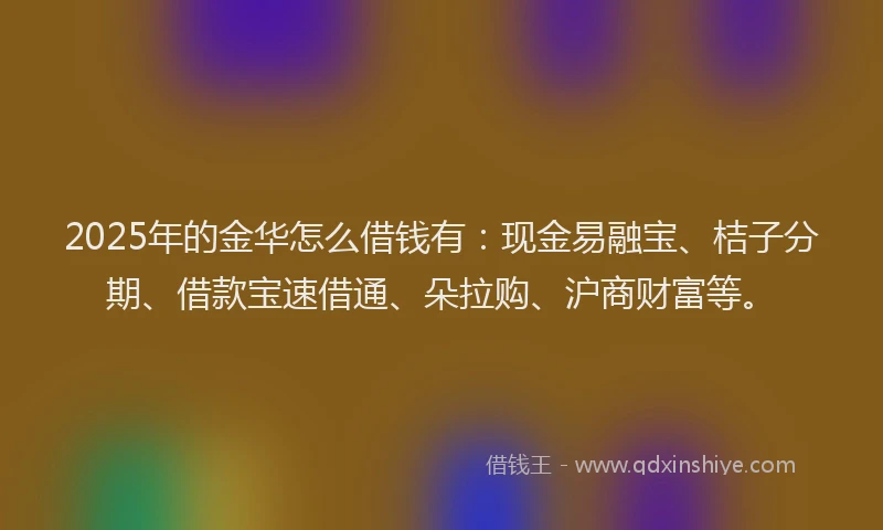 2025年的金华怎么借钱有：现金易融宝、桔子分期、借款宝速借通、朵拉购、沪商财富等。