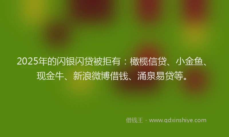 2025年的闪银闪贷被拒有：橄榄信贷、小金鱼、现金牛、新浪微博借钱、涌泉易贷等。
