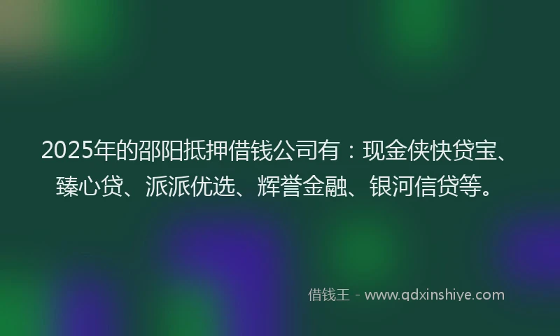 2025年的邵阳抵押借钱公司有：现金侠快贷宝、臻心贷、派派优选、辉誉金融、银河信贷等。