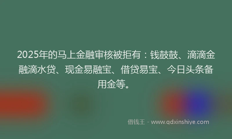 2025年的马上金融审核被拒有：钱鼓鼓、滴滴金融滴水贷、现金易融宝、借贷易宝、今日头条备用金等。