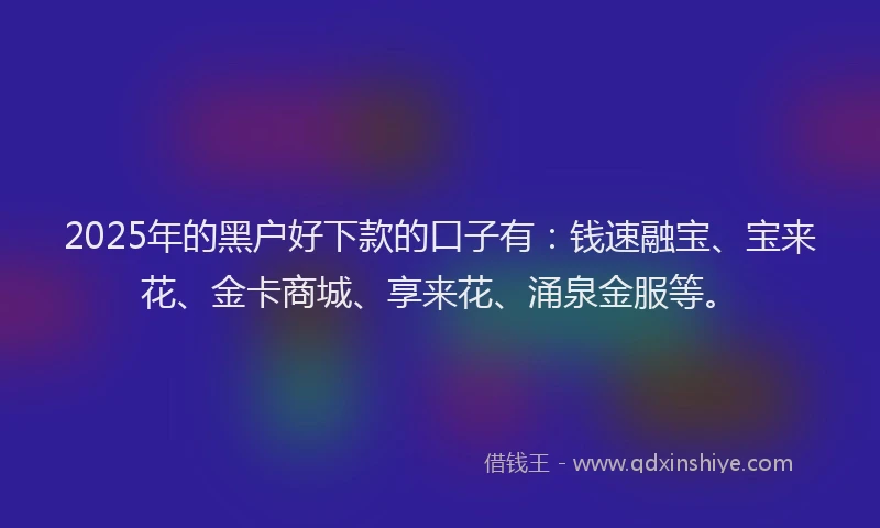 2025年的黑户好下款的口子有：钱速融宝、宝来花、金卡商城、享来花、涌泉金服等。
