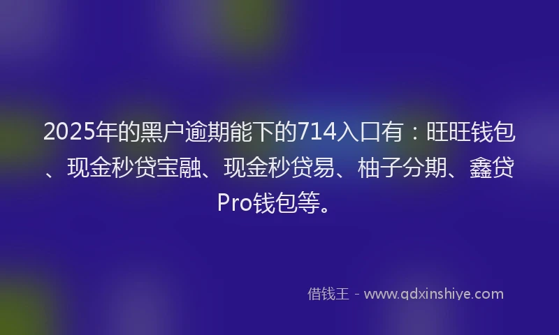 2025年的黑户逾期能下的714入口有：旺旺钱包、现金秒贷宝融、现金秒贷易、柚子分期、鑫贷Pro钱包等。