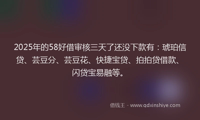 2025年的58好借审核三天了还没下款有：琥珀信贷、芸豆分、芸豆花、快捷宝贷、拍拍贷借款、闪贷宝易融等。