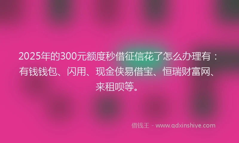 2025年的300元额度秒借征信花了怎么办理有：有钱钱包、闪用、现金侠易借宝、恒瑞财富网、来租呗等。