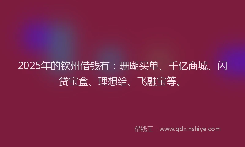 2025年的钦州借钱有：珊瑚买单、千亿商城、闪贷宝盒、理想给、飞融宝等。