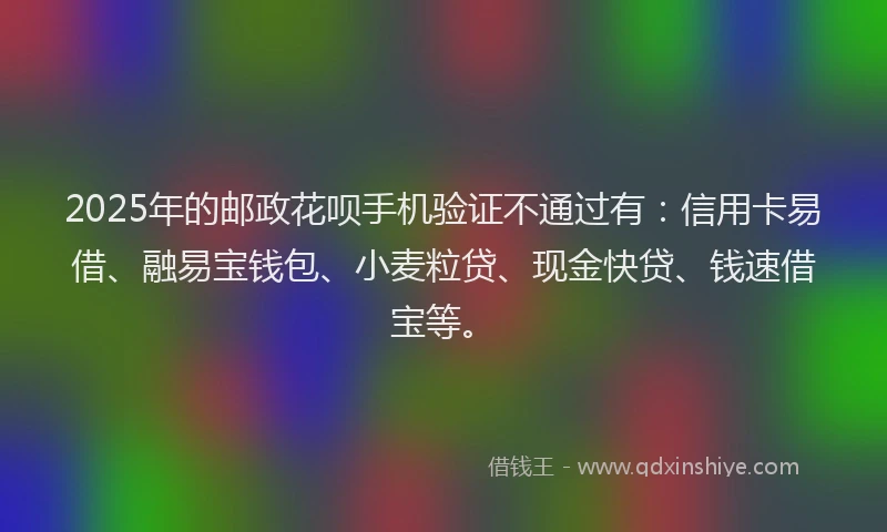 2025年的邮政花呗手机验证不通过有：信用卡易借、融易宝钱包、小麦粒贷、现金快贷、钱速借宝等。
