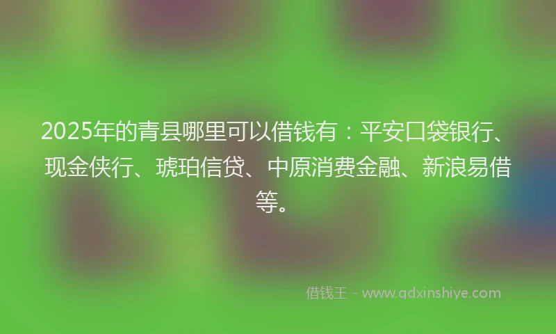2025年的青县哪里可以借钱有:平安口袋银行、现金侠行、琥珀信贷、中原消费金融、新浪易借等。