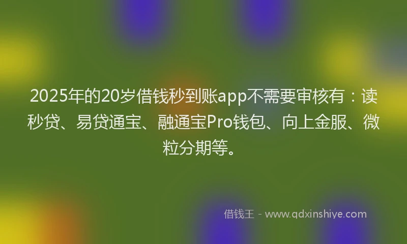 2025年的20岁借钱秒到账app不需要审核有：读秒贷、易贷通宝、融通宝Pro钱包、向上金服、微粒分期等。
