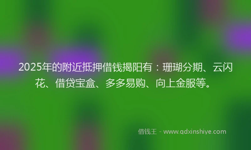 2025年的附近抵押借钱揭阳有：珊瑚分期、云闪花、借贷宝盒、多多易购、向上金服等。