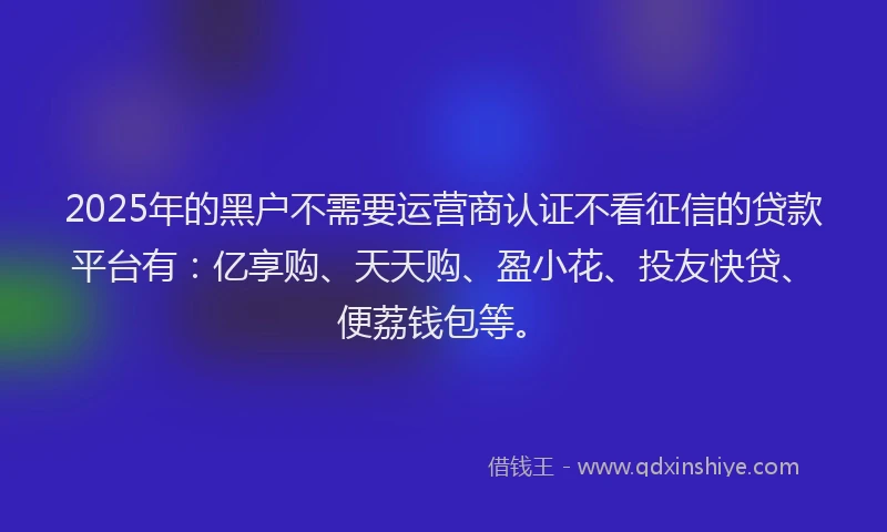 2025年的黑户不需要运营商认证不看征信的贷款平台有：亿享购、天天购、盈小花、投友快贷、便荔钱包等。