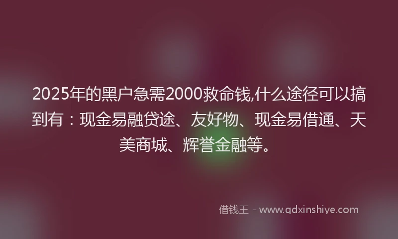 2025年的黑户急需2000救命钱,什么途径可以搞到有：现金易融贷途、友好物、现金易借通、天美商城、辉誉金融等。