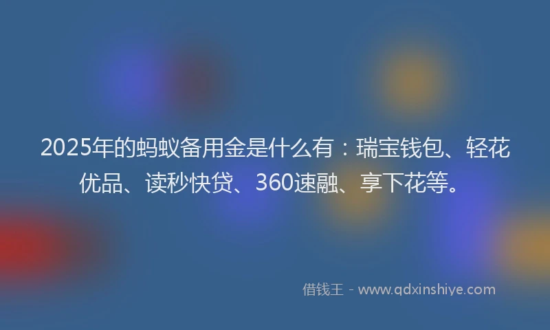 2025年的蚂蚁备用金是什么有：瑞宝钱包、轻花优品、读秒快贷、360速融、享下花等。