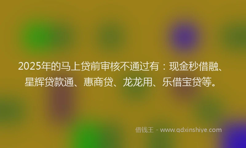 2025年的马上贷前审核不通过有：现金秒借融、星辉贷款通、惠商贷、龙龙用、乐借宝贷等。