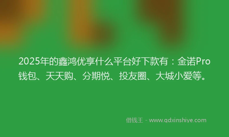 2025年的鑫鸿优享什么平台好下款有：金诺Pro钱包、天天购、分期悦、投友圈、大城小爱等。