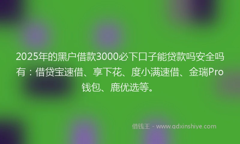 2025年的黑户借款3000必下口子能贷款吗安全吗有：借贷宝速借、享下花、度小满速借、金瑞Pro钱包、鹿优选等。