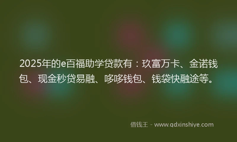 2025年的e百福助学贷款有：玖富万卡、金诺钱包、现金秒贷易融、哆哆钱包、钱袋快融途等。