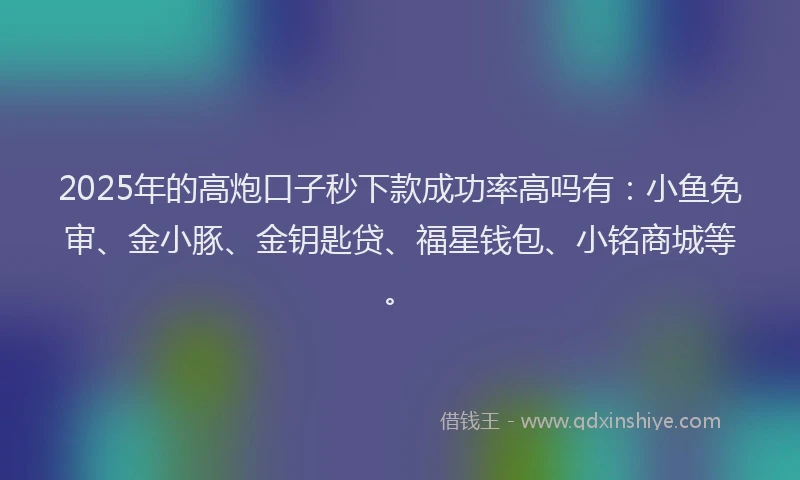 2025年的高炮口子秒下款成功率高吗有：小鱼免审、金小豚、金钥匙贷、福星钱包、小铭商城等。