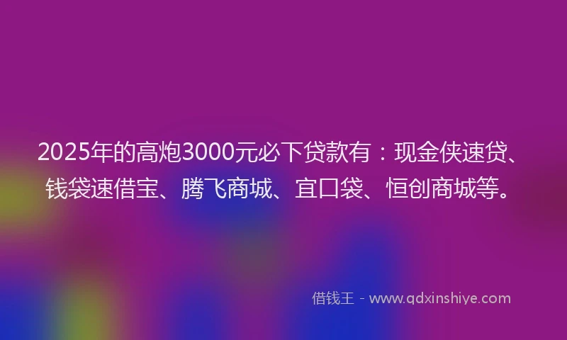 2025年的高炮3000元必下贷款有:现金侠速贷、钱袋速借宝、腾飞商城、宜口袋、恒创商城等。