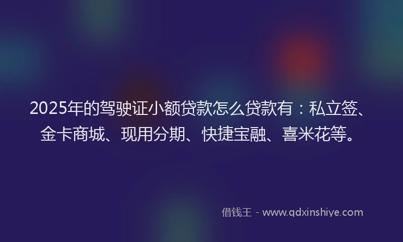 2025年的驾驶证小额贷款怎么贷款有：私立签、金卡商城、现用分期、快捷宝融、喜米花等。