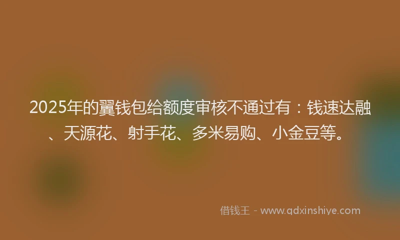 2025年的翼钱包给额度审核不通过有：钱速达融、天源花、射手花、多米易购、小金豆等。