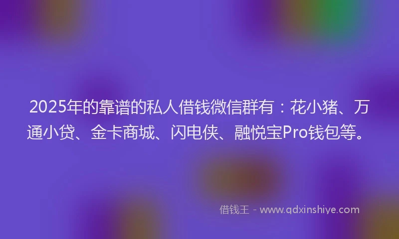 2025年的靠谱的私人借钱微信群有：花小猪、万通小贷、金卡商城、闪电侠、融悦宝Pro钱包等。