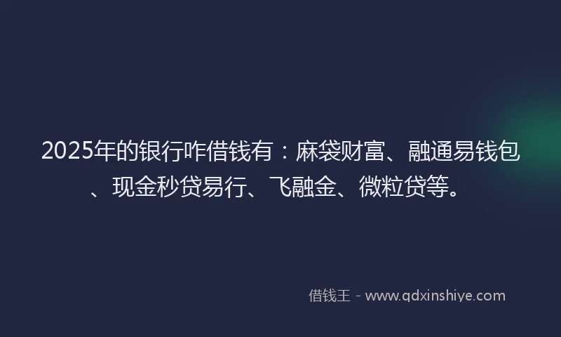 2025年的银行咋借钱有:麻袋财富、融通易钱包、现金秒贷易行、飞融金、微粒贷等。