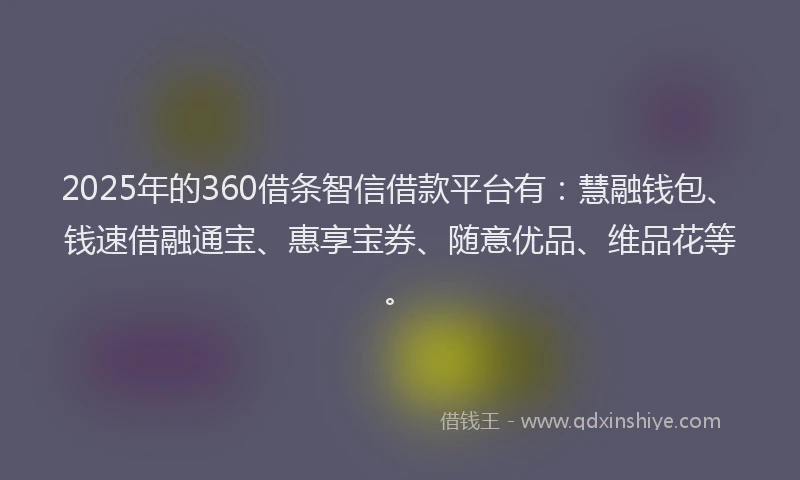 2025年的360借条智信借款平台有：慧融钱包、钱速借融通宝、惠享宝券、随意优品、维品花等。